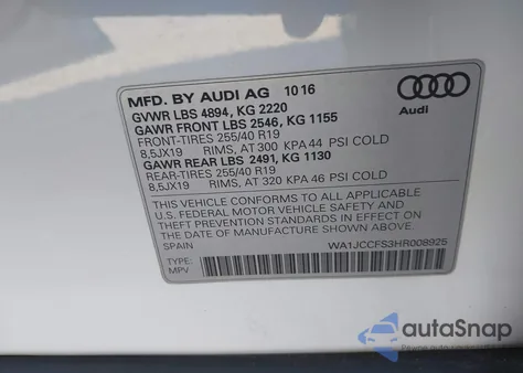 2017 Audi Q3 2.0T Premium из США, поврежденный, VIN WA1JCCFS3HR008925